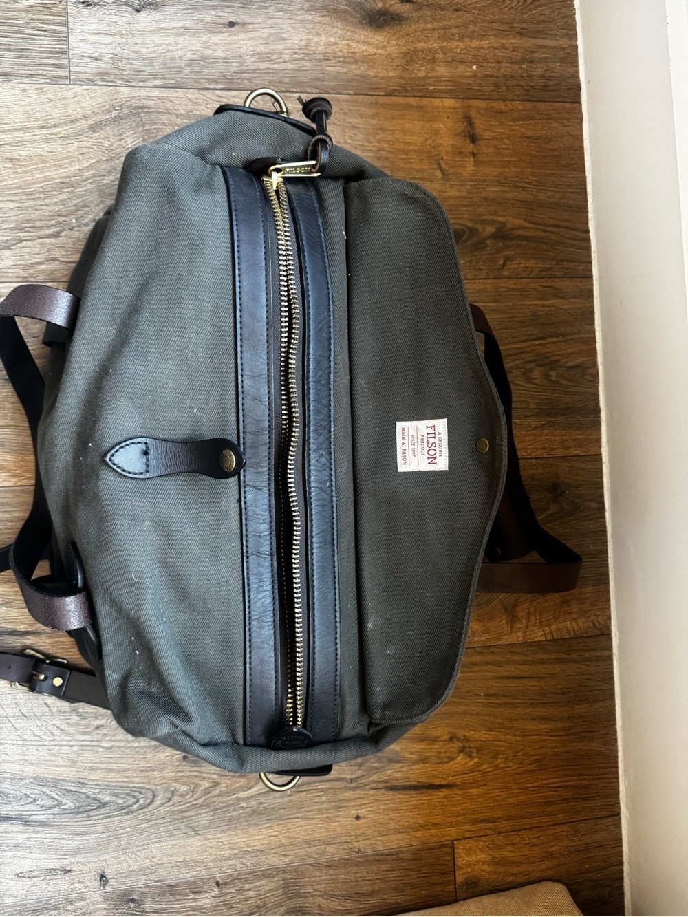 Filson Small Duffel Olive Green Canvas Travel Backpack with Leather Trim